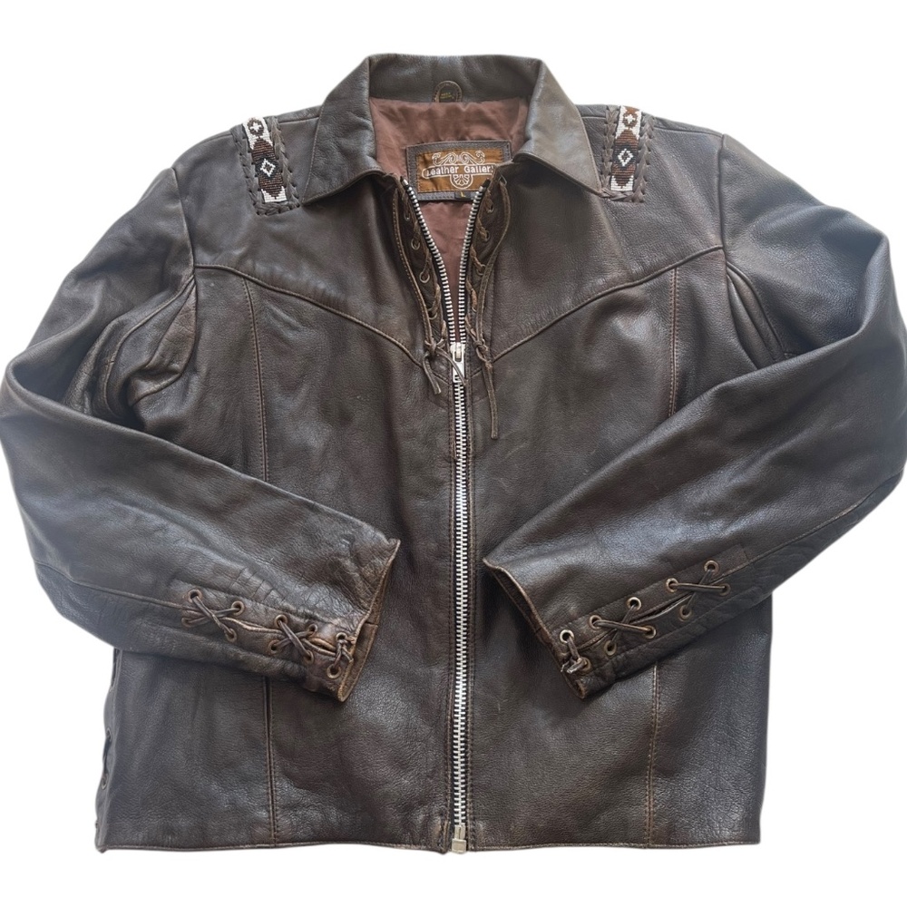 Vtg. Men's Leather Gallery Western Native Boho Lace-up Jacket Brown Beaded Rare